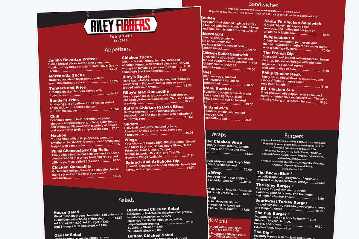 Printed menu pieces laid out for a local restaurant