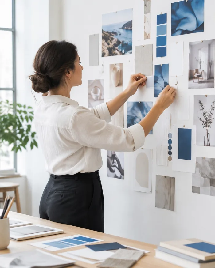 Brand moodboard and design materials arranged in a bright studio