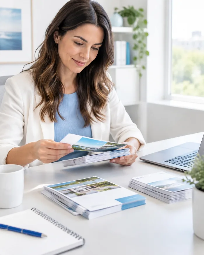 Local marketing materials being prepared on a bright worktable