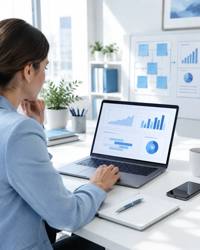 Marketing planning materials and laptop on a bright desk