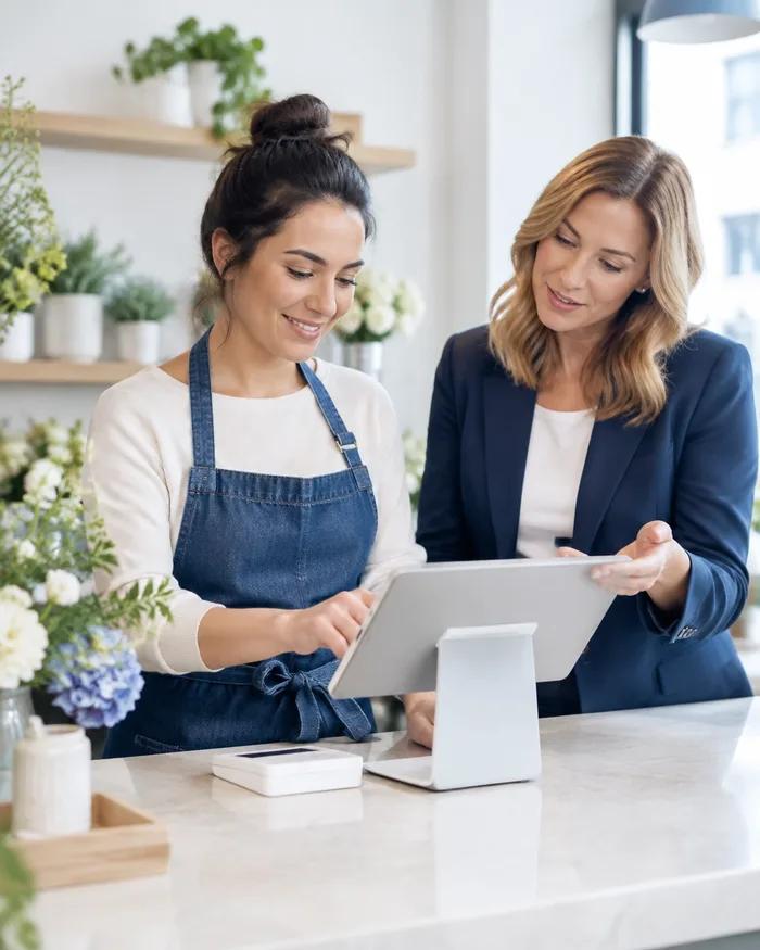 Business owner using a modern point of sale terminal in a bright shop