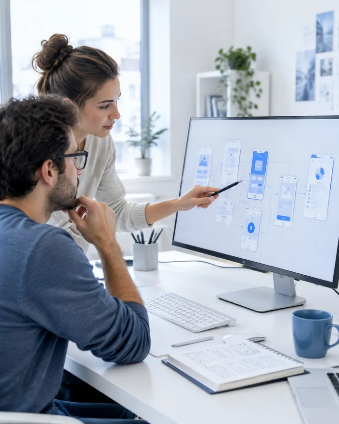 Team reviewing a software product flow on a monitor in a bright studio