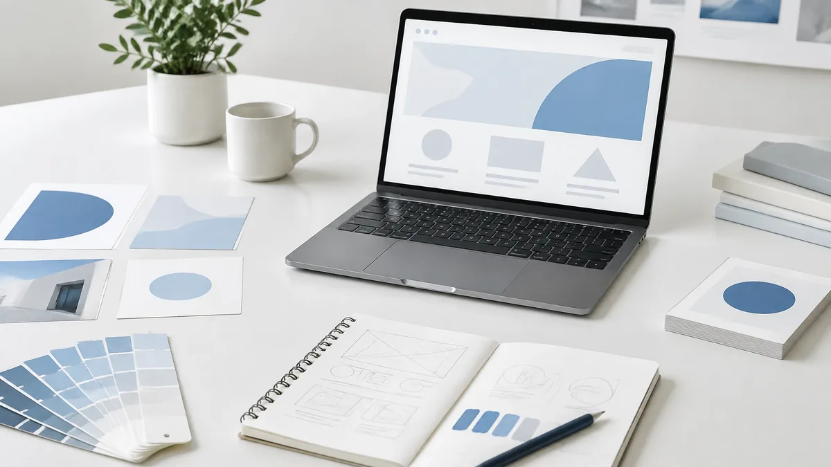 Printed brand materials and a laptop arranged on a bright worktable